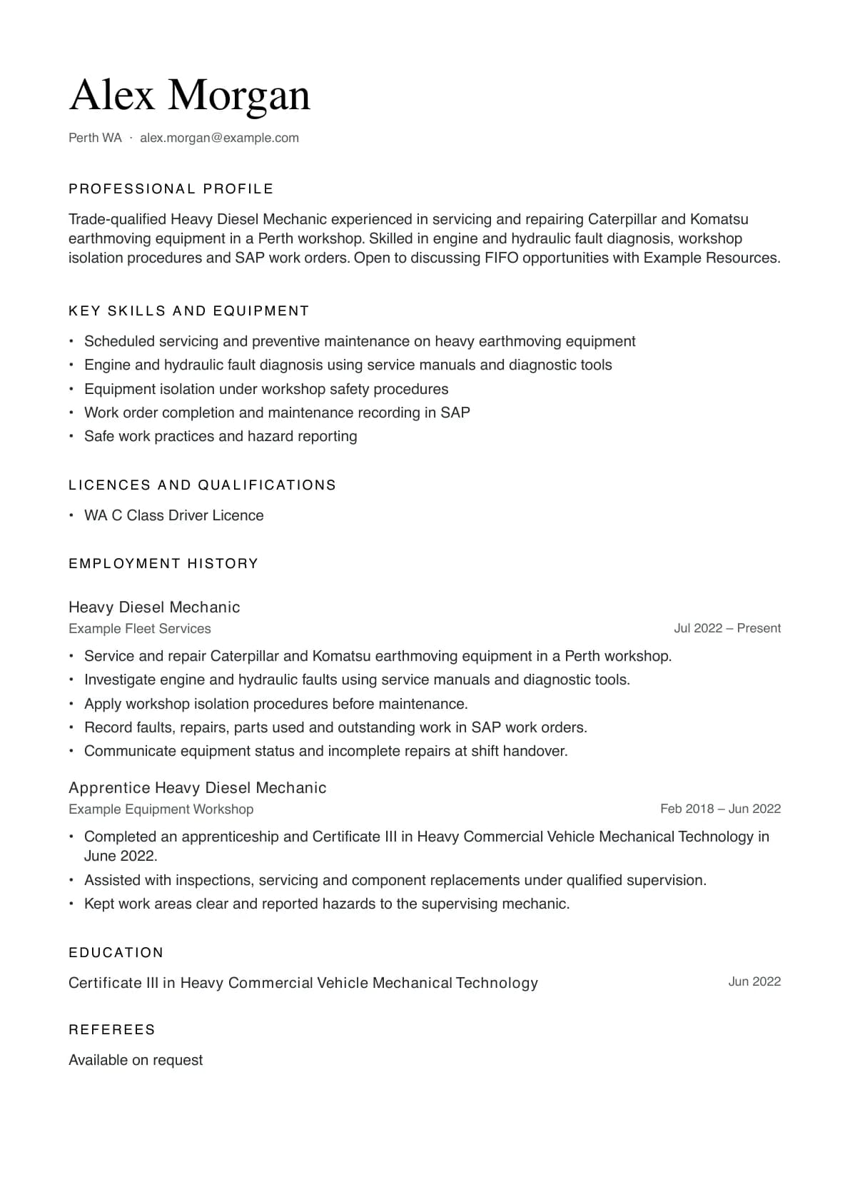 First page of the fictional Alex Morgan resume, showing the professional name block, profile, skills and work history